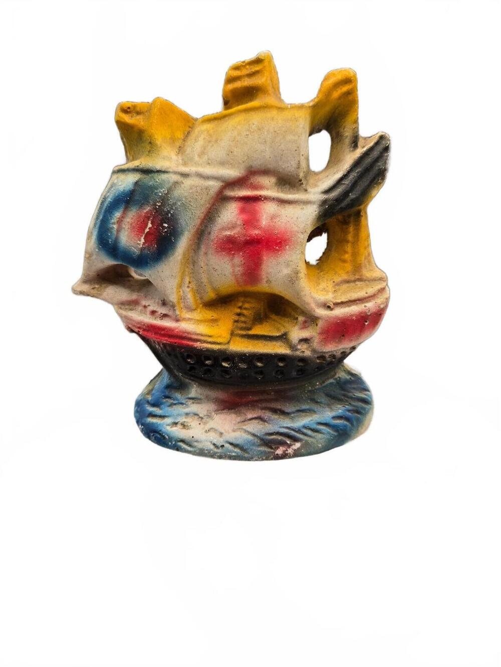 Vintage Hand-Painted Chalk Ship Figurine with Colorful Sails, Carnival prize